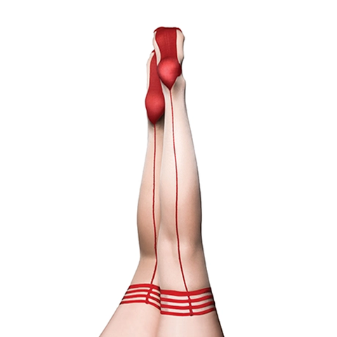 Whitney Sheer Beige w/Red Back Seam Stockings - B