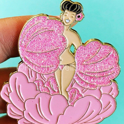 Peony Girl Enamel Pin with Glitter