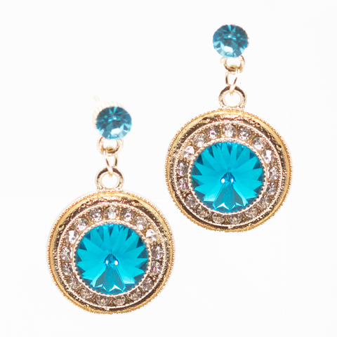 Round Teal Crystal Drop Earrings